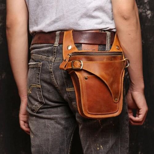 Handmade original new mens retro leather belt bag ladies crazy horse leather motorcycle bag bull head tool mobile phone bag