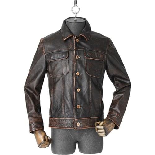 Mens Old Top Layer Cowhide Motorcycle Jacket Reddish Brown Slim Coat Outdoor Hunting Combat Sport Riding Pure Leather Singlet