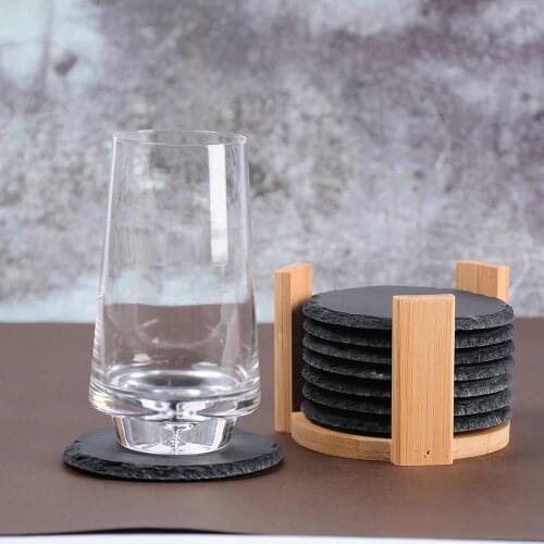 QUEENBAR Black Stone Coaster Sets 8 Coasters With Wooden Stand Cup Coffee Tea Mug Drinks Durable Heat Resistant Coaster