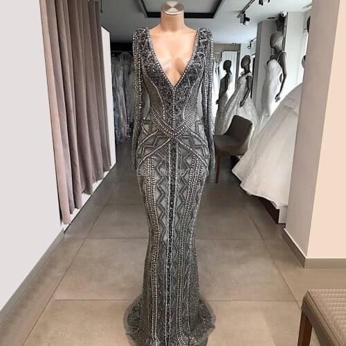 Haute Couture V-Neck Mermaid Evening Dress Long Sleeves Women Dress Floor-Length Beaded Prom Dress Middle East Saudi Arabia