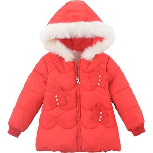 Girls cotton-padded coat winter thicken plus velvet bow cute fur collar hooded coat children casual warm down coat girl outwear