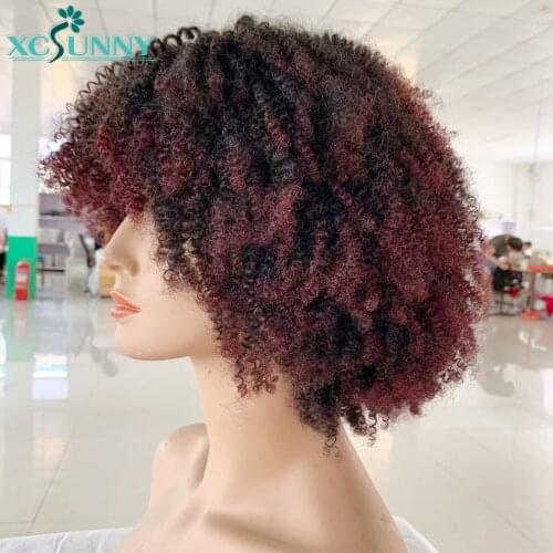 Ombre Wig Afro Kinky Curly Wig O Scalp Top Full Machine Made Human Hair Wig With Bangs Remy Brazilian 180 density Xcsunny