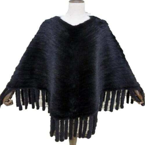 Luxury Knitted Fur Wraps Women Real Best Mink Fur Poncho Female V-neck Tassels Cape Coat Black