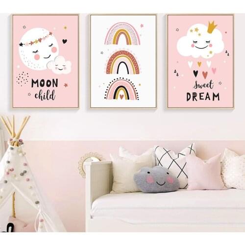 Pink Sweet Dream Smile Moon Clouds Rainbow Nursery Canvas Painting Wall Art Prints Poster Pictures Girls Bedroom Home Decoration