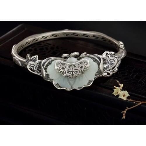 Light luxury noble natural S925 sterling silver and tian jade bracelet women retro do old trap wristband wishful gift