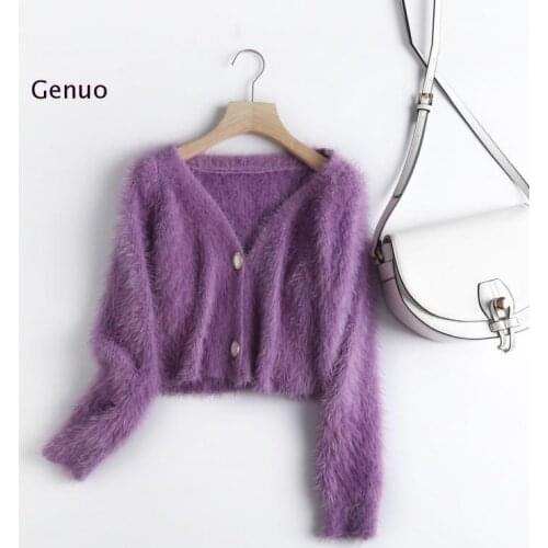 Cropped Cardigan Sweater V Neck Mink Cashmere Sweater Women Oversized Christmas Sweater Fuzzy Cardigans Korean Winter Pull