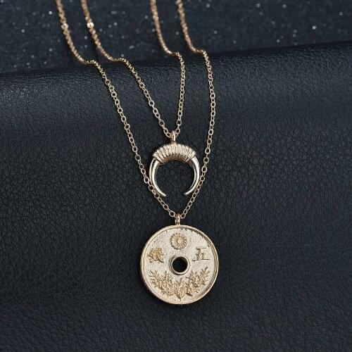 Vintage Double Chains Metal Moon Crescent Chinese Character Coin Pendent Necklace for Women Men Girls Neck Collar Jewelry Gift