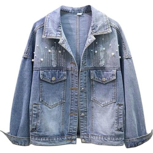 2020 Autumn Denim Jacket Women Casual Loose jeans Jackets Beading Long Sleeve Plus size Bomber Jacket Streetwear Denim Coat P505