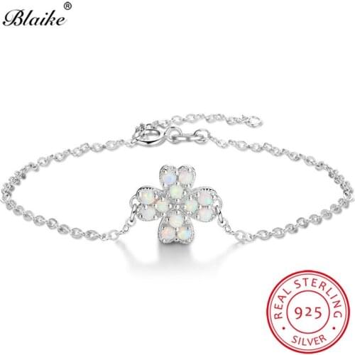 Blaike Chic White Fire Opal Four Clover Bracelet 925 Sterling Silver October Birthstone Charm Bracelets For Women Lover Gifts