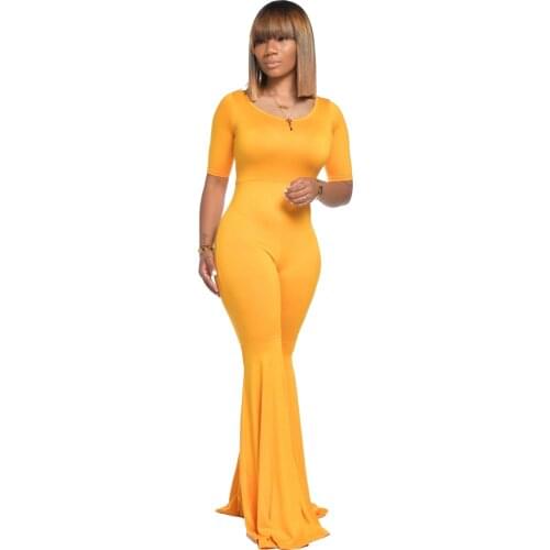 Womens Solid Color Flared Short-Sleeve Jumpsuit