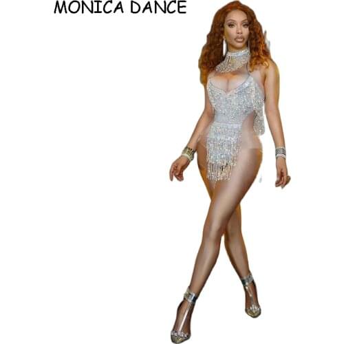 Women Silver Rhinestone Tassel Party Bodysuit Women Sleeveless Fringes Jumpsuit Latin Dance Leotard Nightclub DJDS Stage Wear