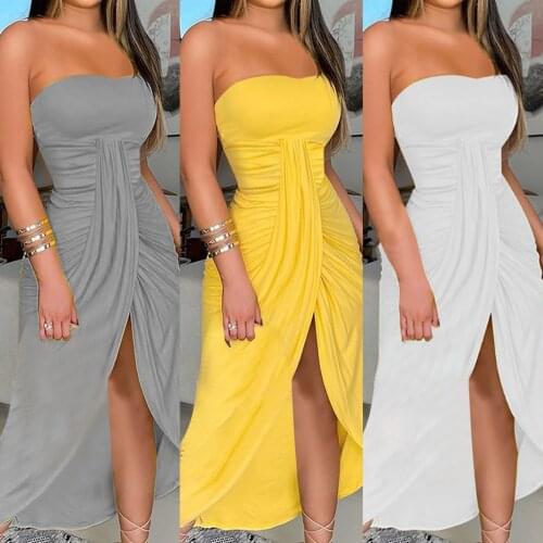 Shoulder Strapless Sexy Womens Summer Solid Strapless Long Dress Beach Split Dress Casual Summer Party Dress Women 2021