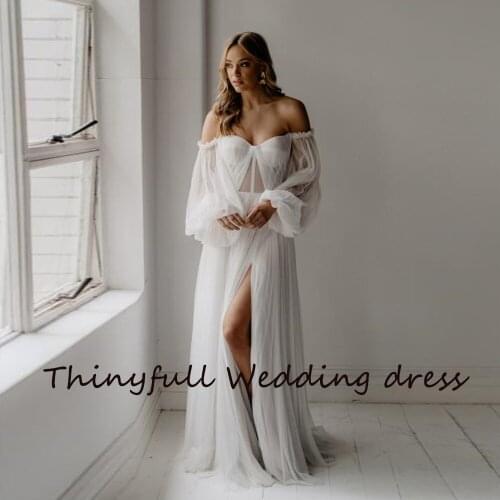 Thinyfull Simple Side Slit Sleeves Boho Wedding Dresses Sweetheart Pleated Beach A-Line Princess Bride Dress Robes De Mariage