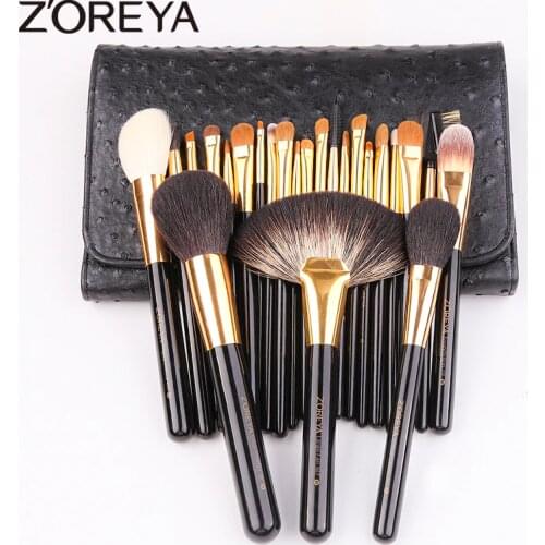 Zoreya 24Pcs Goat Hair Blending Makeup Brushes Professional Powder Foundation Eye Shadow Large Fan Brush Set Tool Animal Natural
