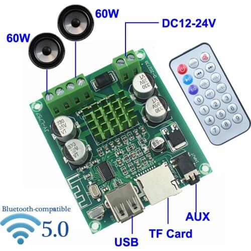 2*60W Bluetooth 5.0 Digital Audio Power Amp HiFi Stereo 2.0 Channel Class D Receiver TF Card USB AUX Amplifier Board Remote