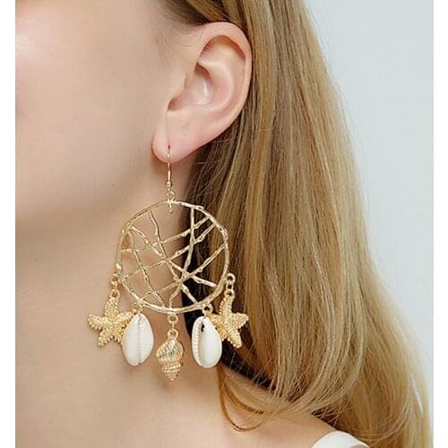 2 Pcs/set Bohemian Retro Star Shell Tassel Chain Geometric Dream Catcher Earrings Women Charm Jewelry Accessories