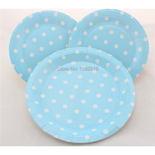 Free Shipping 48pcs Baby Blue Dot Paper Plates Retro Party Plates Round Plates 7" Baby Blue Polka Dot