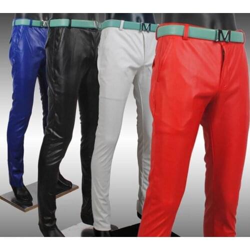 White leather pants mens feet pants fashion thin motorcycle pu trousers for men personality pantalon homme waterproof red blue
