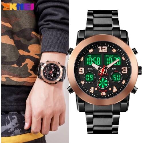 SKMEI Luxury Digital Mens Quartz Watches Sport 3 Time Count Down Clock Chronograph Waterproof Stainless Steel Male Wrist Watch