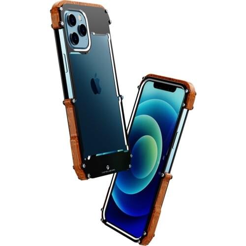 R-Just Case For iPhone 12 Mini XR Luxury Hard Metal Aluminum Wood Protective Bumper Phone Case for iPhone 12 11 Pro XS Max Cover