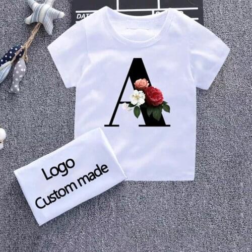 Flower 26 Letter Kids Girls T Shirts Name Customized Boys T Shirt Children Birthday Clothing Toddler Girls Tops Tshirt