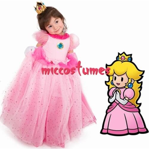 Child Girls Princess Peach Dress Halloween Costume for Kids with Crown