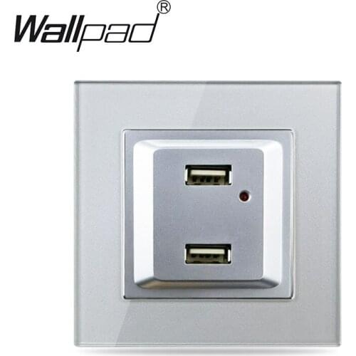 EU Silver Double USB Socket Wallpad Silver Tempered Glass Russia German France Poland NL 2 Usb Outlet Wall Phone Charger