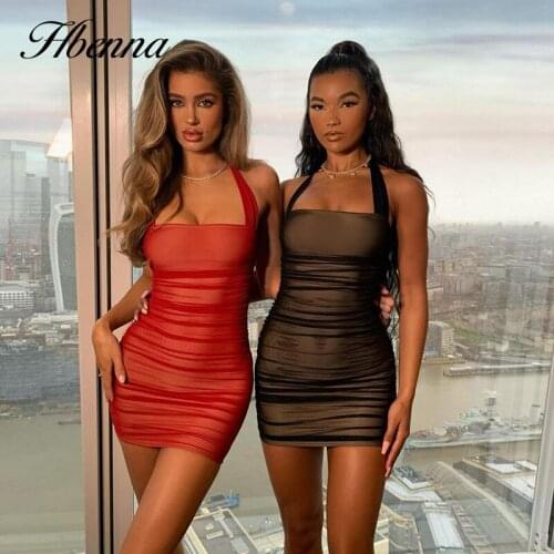 Hbenna Mesh Dresses Women Backless Bodycon Dress Women Sexy Halter Mini Party Dresses Women Sleeveless Ruched Mesh Summer Dress