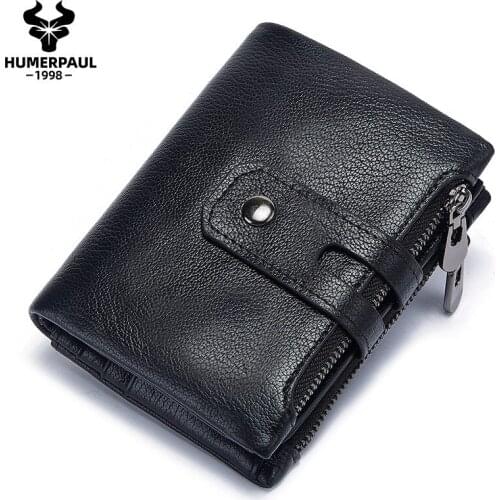 Double Zipper Buckle Leather Mens Wallet Leather Retro Crazy Horse Leather Mens Bag Casual Coin Purse