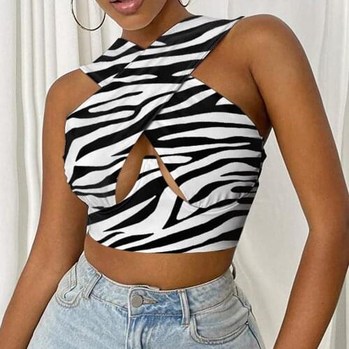 Summer Sexy Cross Halter Neck Tank Tops Zebra-Stripe/Floral Printed Backless Slim Wild Wrapped Chest Cropped Vest Female