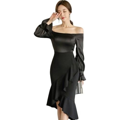 Modis Elegant Evening Party Dress Women Slash Neck Corset Ruffles Solid Sexy Bodycon Dress Women Black Fall Dress for Women Rope