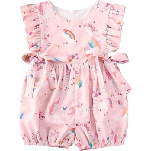 Fashion Baby Girl Rainbow Printed Jumpsuit Baby Fashion Ruffles Flying Sleeve Waist Bow One Piece Shorts