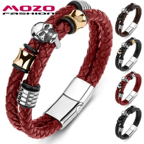 MOZO FASHION 2021 Men Bracelet Braided Leather Rope Chain Stainless Steel Skull Bracelet Punk Bangle Skeleton Jewelry Gifts 186