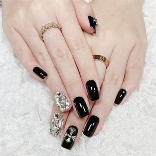 Newest 24pcs/Set Black and Silver Cross False Nails Dark Black Design with Diamond Full Cover Nail Tips Finished Nail Art