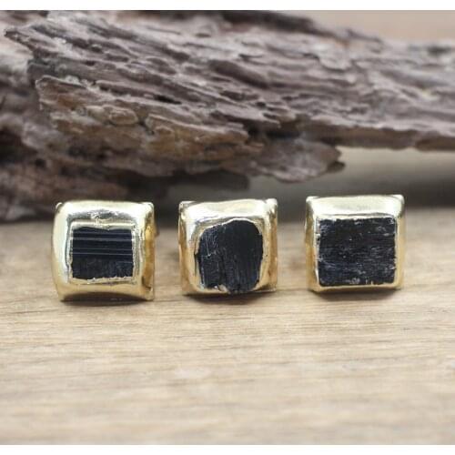 New! Raw Black Tourmaline Square Ring Healing Crystal Quartz Druzy Stone Adjustable Golden Ring Fashion Women Jewelry,QC4072