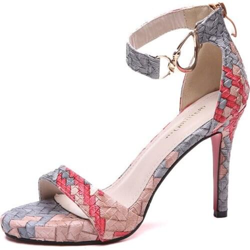 Europe and the United States new fashion word buckle sandals mixed color weaving pattern high-heeled large size tide womens sho