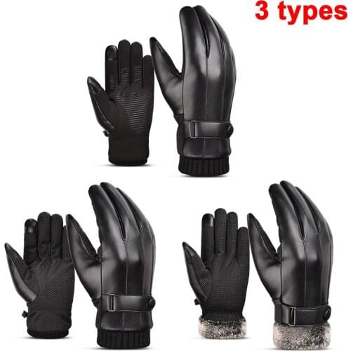 Winter Warm Motorcycle Men Gloves Waterproof Windproof Fur Mittens PU Leather Plush Touch Screen Black Gloves for Skiing Cycling