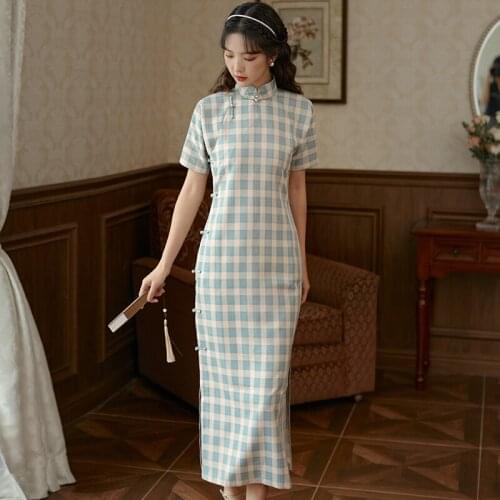 Women Cheongsam Young Sweet Retro Girl Improved Dresses Summer Nodern Chic Girl Elegant Sexy Plaid Vintage Qipao Bodycon Dress