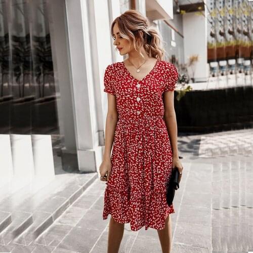 Boho Beach Dress short Sleeve Floral V Neck Strappy Summer Dresses Casual Loose Sundress knee length Dress Vestidos