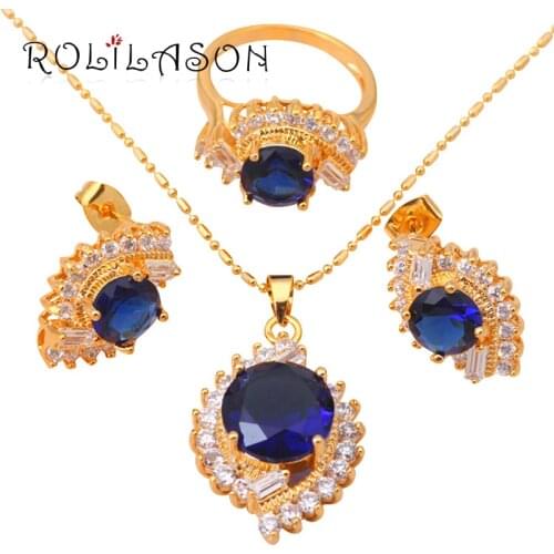 Popular style gold Tone Blue Zircon Crystal Jewelry Sets Earrings Necklace Ring sz #6 #8 #7 #9 Fashion Jewelry JS238