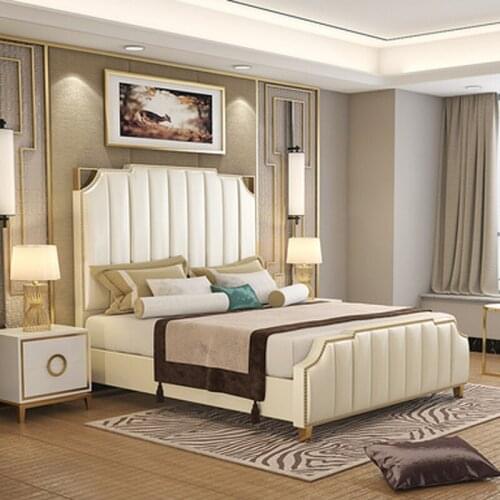 Post modern luxury leather bed American French leather bed Hong Kong style model room furniture Italian modern high back leather