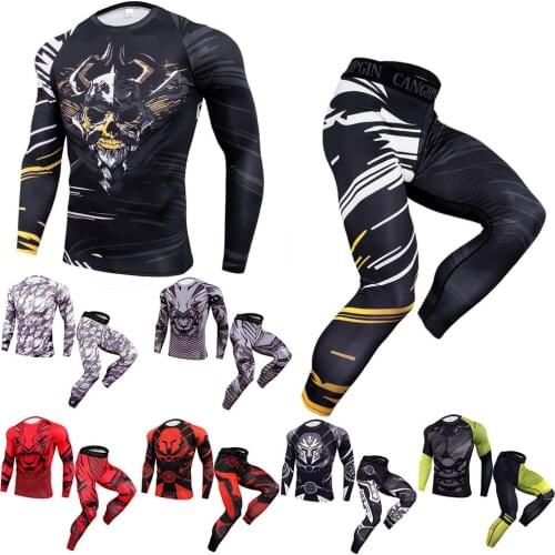 MMA T-shirt Bjj Rashguard for Men Rash Guard Jiu Jitsu T-shirts +Pants Tiger Muay Thai Shirt MMA Clothing Stes Compression Shirt