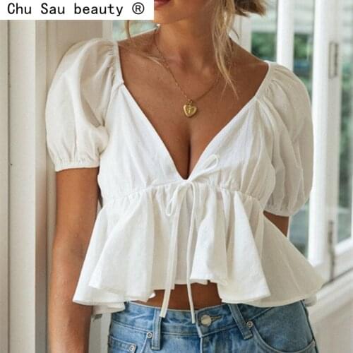 2021 Summer French Womens New Elegant White V-Neck Lace-Up Open Back Puff Sleeve Short Sleeve Shirt Pure Color Female Chic