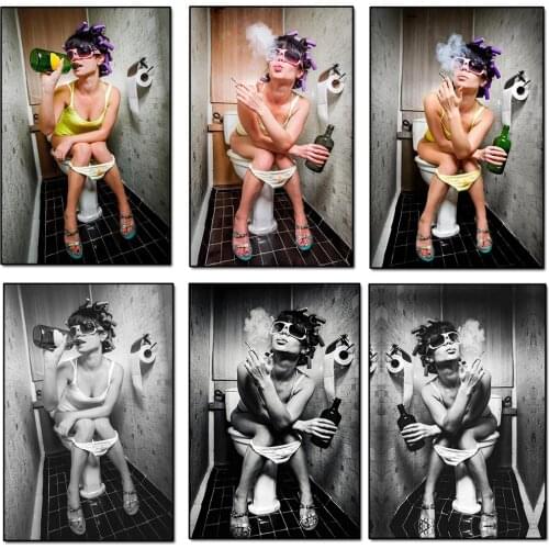 Sexy Girl Sits in a Toilet Women Canvas Art Posters And Prints Black And White Famale Canvas Paintings Wall Art Pictures Cuadro