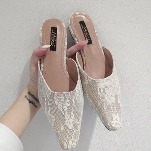 Fashion Women Slippers Lace Mesh Air Shallow Women Slides Slippers Round Toe Black Beige Beach Shoes Elegant Shoes Woman Size 39