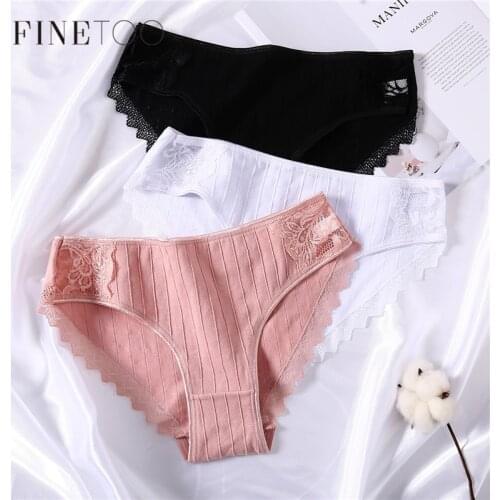 FINETOO 3Pcs/lot Cotton Panties Women Lace Underwear Sexy Brief Breathable Underpants Female Intimate Solid Ladies Lingerie M-XL