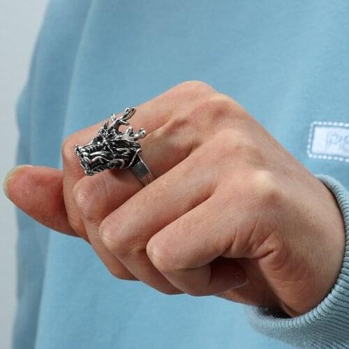 Vintage Gothic Punk Dragon Head Rings for Women Men Bijoux Jewelry Opening Ring Thai Silver Animal Male Boyfriend Gift Party