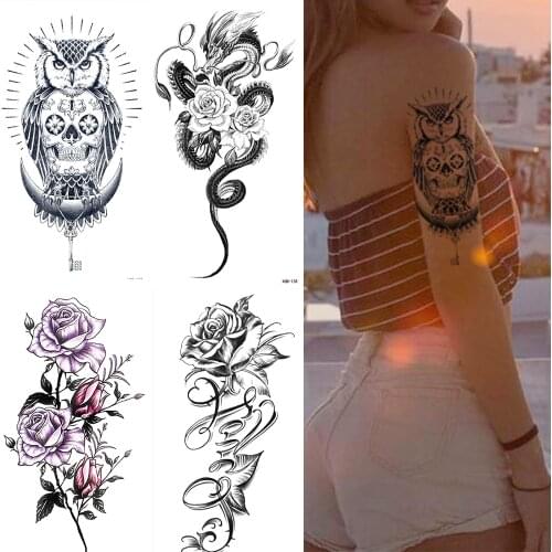 Waterproof Temporary Tattoo Sticker Compass Owl Skull Flash Tattoos Tiger Diamond Wolf Body Art Arm Fake Sleeve Tatoo Women Men