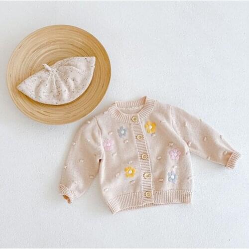 Handmade Flower Infant Baby Girls Long Sleeves Point Cardigan Knitted Princess Sweet Coat Spring Toddler Baby Clothes