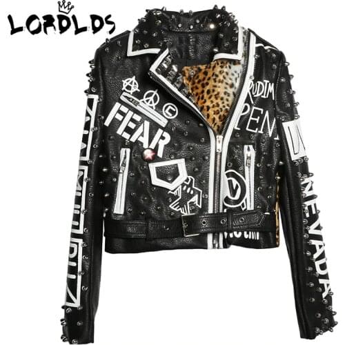 LORDXX Black Leopard Leather Jacket Women 2018 Autumn Winter Fashion Turn-down collar Punk Rock Studded Jackets Ladies coats